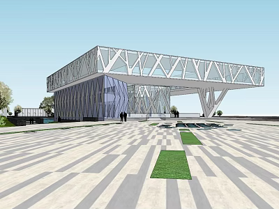 Modern Geometric Building With Glass Curtain Wall Spacious Plaza Striped Pavement Green Lawns And Pedestrians 3d model