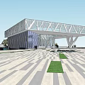 Modern Geometric Building With Glass Curtain Wall Spacious Plaza Striped Pavement Green Lawns And Pedestrians