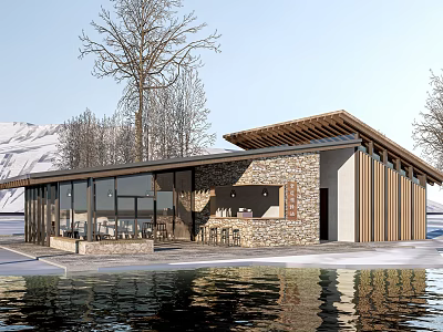 Modern Tourist Center with Large Glass Windows Sloped Roof and Mountain Waterfront Views 3d model