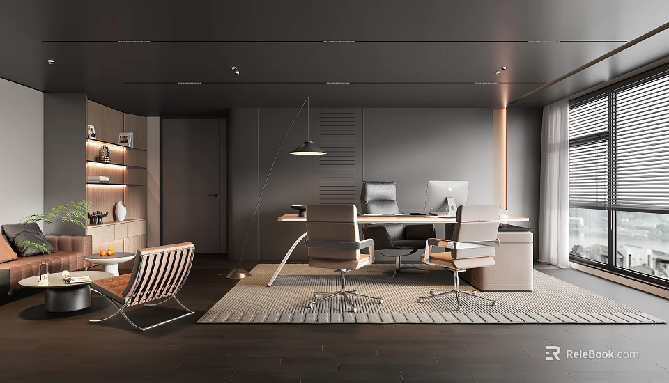 Modern Office Interior Design With Desk Ergonomic Chairs Bookshelf And Hanging Lamp 3d model 