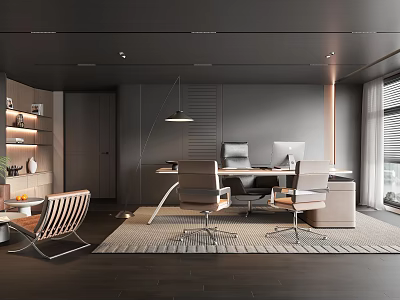 Modern Office Interior Design With Desk Ergonomic Chairs Bookshelf And Hanging Lamp 3d model
