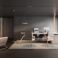 Modern Office Interior Design With Desk Ergonomic Chairs Bookshelf And Hanging Lamp