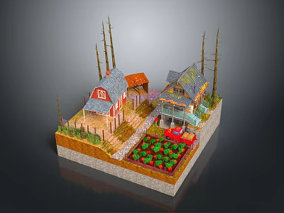 Cartoon Scene With Two Small Houses Small Shed Red Car Vegetable Garden And Tall Trees 3d model