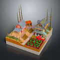 Cartoon Scene With Two Small Houses Small Shed Red Car Vegetable Garden And Tall Trees