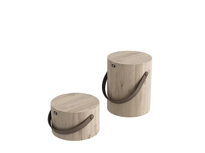 Two Round Minimalist Natural Wooden Side Tables with Brown Leather Handles 3d model