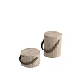 Two Round Minimalist Natural Wooden Side Tables with Brown Leather Handles