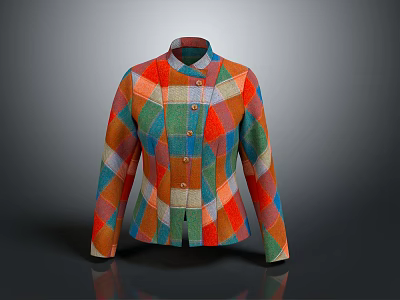 Colorful Patchwork Coat With Geometric Patterns Stand Collar And Buttons Design 3d model