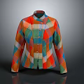 Colorful Patchwork Coat With Geometric Patterns Stand Collar And Buttons Design