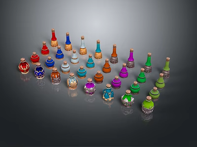 Colorful Decorative Bottles Collection With Various Designs Arranged In Arc On Gray Background 3d model