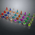 Colorful Decorative Bottles Collection With Various Designs Arranged In Arc On Gray Background