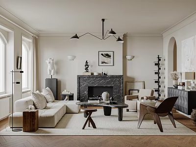 Modern Living Room Interior With Sofa Fireplace Chandelier Coffee Table And Area Rug 3d model