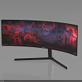 Modern Curved Monitor Displaying Vibrant Red Purple Mountain Landscape With Sleek Stand