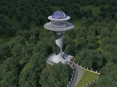 Observation Tower With Blue Dome Top And Spiral Structure Surrounded By Lush Green Forest 3d model