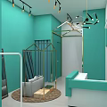 Modern Luxury Clothing Store With Green White Decor Clothing Racks Display Area And Chandeliers