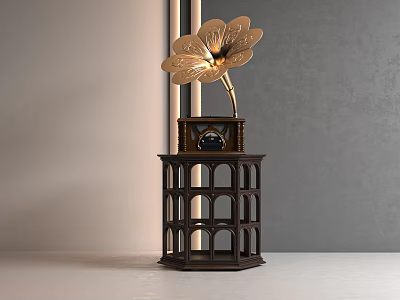 Phonograph With Golden Flower Shaped Horn Dark Wooden Lattice Base On Light Floor Gray Wall 3d model
