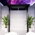 Black Column In Modern Interior With Purple Starry Ceiling White Geometric Wall And Green Plants