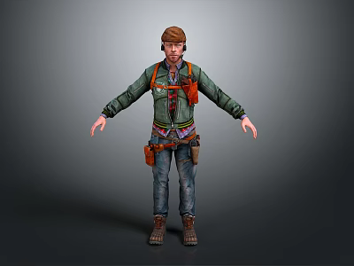 Man in Green Jacket and Brown Hat with Orange Backpack Jeans and Boots 3d model