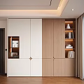 Modern Decorative Cabinet With White And Wooden Panels Open Shelves And Storage