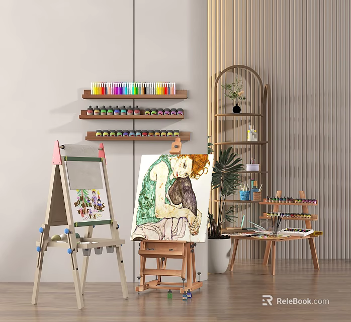 Musical Instruments and Art Supplies Organized Display With Easel Canvas Painting Colorful Paints 3d model 