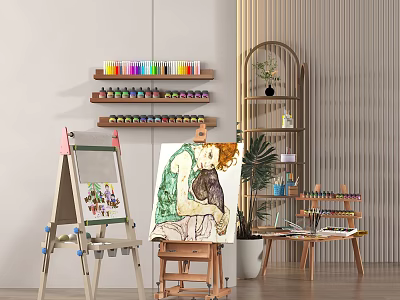 Musical Instruments and Art Supplies Organized Display With Easel Canvas Painting Colorful Paints 3d model