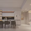 Minimalist Modern Dining and Living Room with Chandelier TV Shelves Round Rug and White Decor