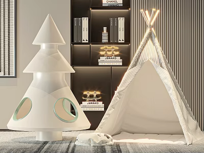 White Cone Shaped Indoor Tent With Striped Decor And Bookshelves Nearby 3d model