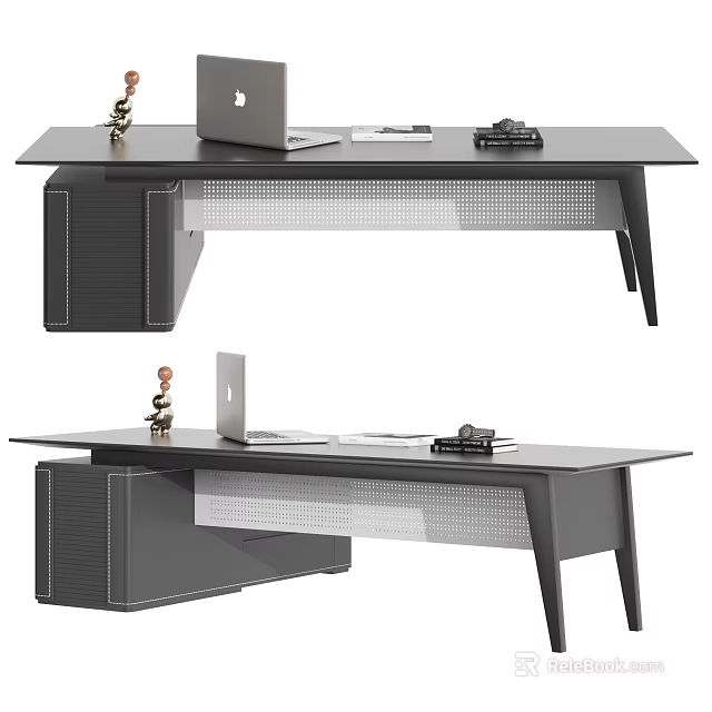 Modern Office Desk With Laptop Notebook And Desk Lamp On Sleek Black Surface 3d model 