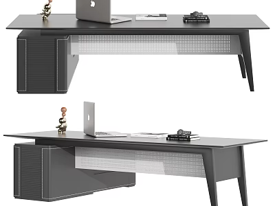 Modern Office Desk With Laptop Notebook And Desk Lamp On Sleek Black Surface 3d model