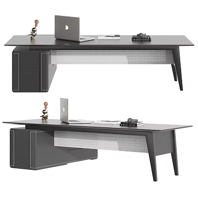 Modern Office Desk With Laptop Notebook And Desk Lamp On Sleek Black Surface 3d model