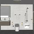 Modern Bathroom Interior With Grey Tiled Walls Vanity Sink Mirror Toilet Grab Bars And Window