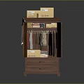 Open Wooden Wardrobe With Hanging Clothes Drawers And Cardboard Boxes On Top