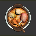 Chicken Drumstick Served in Brown Bowl With Corn Carrots Mushrooms on Blue Plate