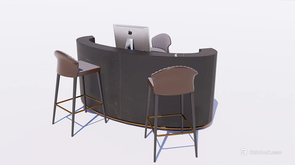 Modern Curved Dark Reception Desk With Mac Computer And Brown High Chairs With Metal Legs 3d model 