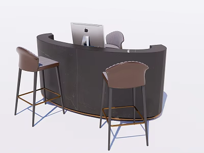 Modern Curved Dark Reception Desk With Mac Computer And Brown High Chairs With Metal Legs 3d model