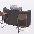 Modern Curved Dark Reception Desk With Mac Computer And Brown High Chairs With Metal Legs