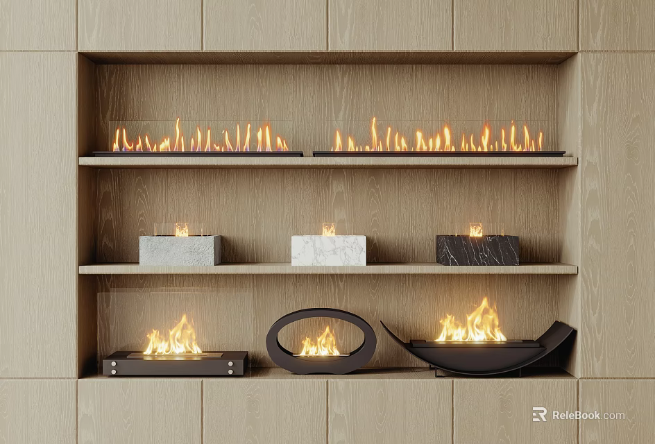 Modern Fireplace Display On Shelves With Various Styles And Flames 3d model