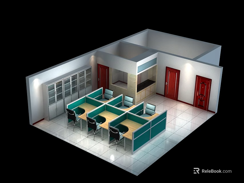 Modern Public Office Space With Cubicle Workstations Computers Chairs And Lockers 3d model 