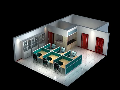 Modern Public Office Space With Cubicle Workstations Computers Chairs And Lockers 3d model