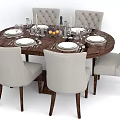 Round Wooden Dining Set With Light Gray Upholstered Chairs And Tableware Fruit 3d model