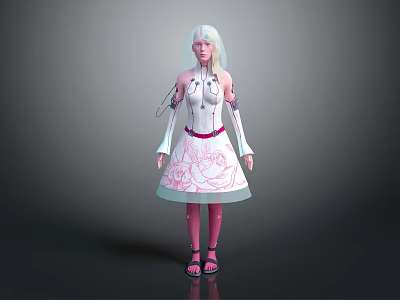 Humanoid Fantasy Character Featuring White Long Hair White Top Pink Belt And Patterned Skirt 3d model