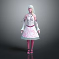 Humanoid Fantasy Character Featuring White Long Hair White Top Pink Belt And Patterned Skirt