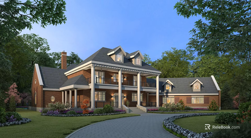 Detached Villa Exterior With Red Brick Walls Columns Dark Roof And Lush Greenery Driveway 3d model 