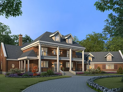Detached Villa Exterior With Red Brick Walls Columns Dark Roof And Lush Greenery Driveway 3d model