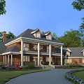 Detached Villa Exterior With Red Brick Walls Columns Dark Roof And Lush Greenery Driveway