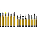 Yellow Military Missiles With Various Warhead Tips Arranged On Black Background