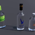Three Clear Glass Wine Bottles Featuring Stylish Labels and Various Colored Caps