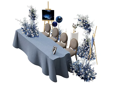 Elegant Table and Chair Set with Blue Tablecloth Decorative Flowers and Balloons 3d model