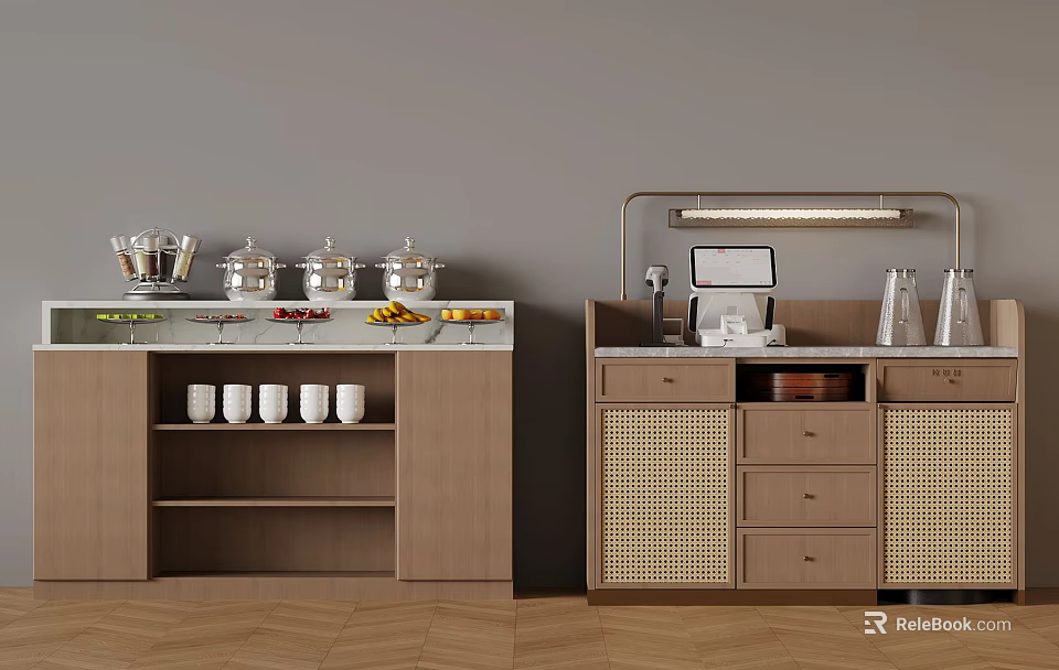 Modern Kitchen Counter With Cooking Utensils Fruits White Cups And Wicker Cabinet Appliances 3d model 