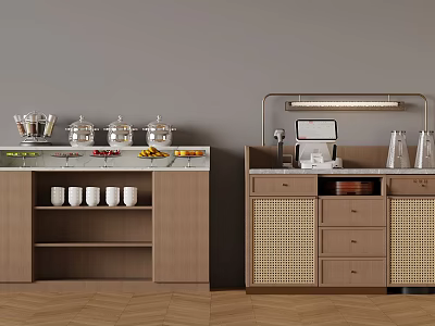 Modern Kitchen Counter With Cooking Utensils Fruits White Cups And Wicker Cabinet Appliances 3d model