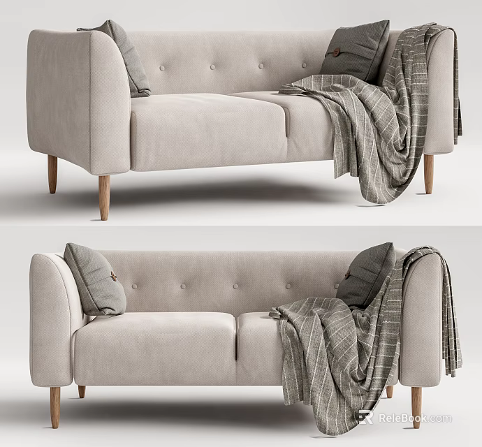 Light Gray Button Tufted Multi Seater Sofa With Wooden Legs Gray Cushions And Plaid Blanket 3d model 